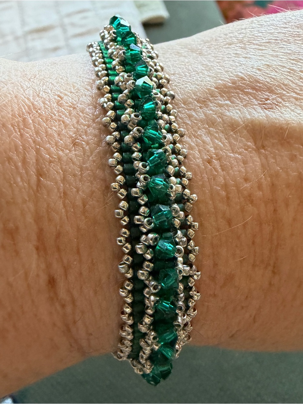 Emerald Green Crystal Seed Bead Bracelet Handwoven Artisan Boho Statement Cuff